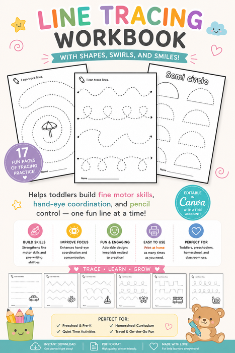 “I Can Trace!” – Fun & Easy Line Tracing Workbook for Toddlers (17 Pages) – Instant Download PDF