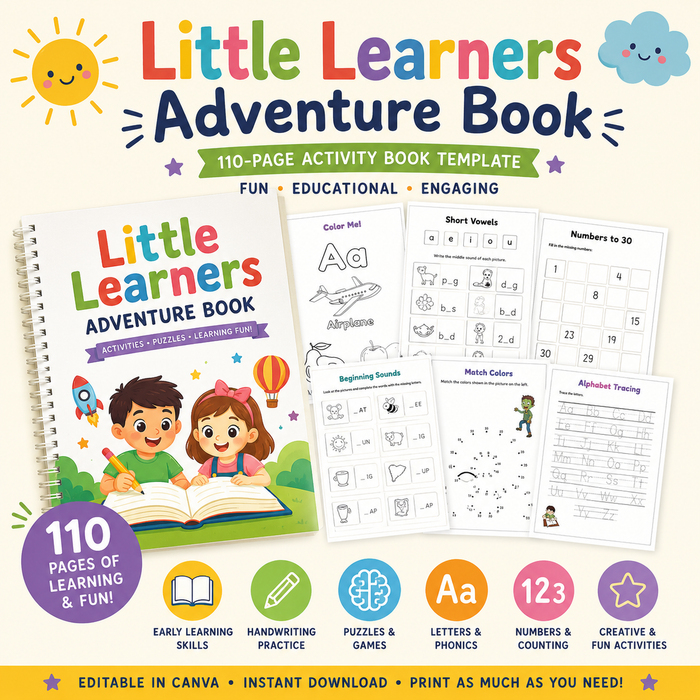 Little Learners Adventure Book | 110-Page Kids Activity Book Canva Template