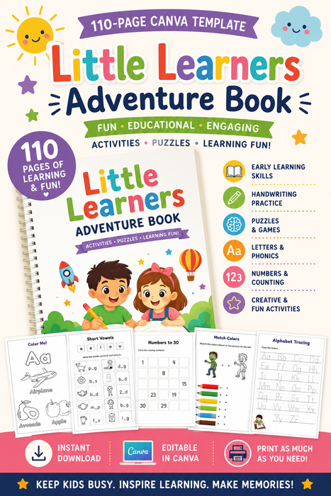 Little Learners Adventure Book | 110-Page Kids Activity Book Canva Template