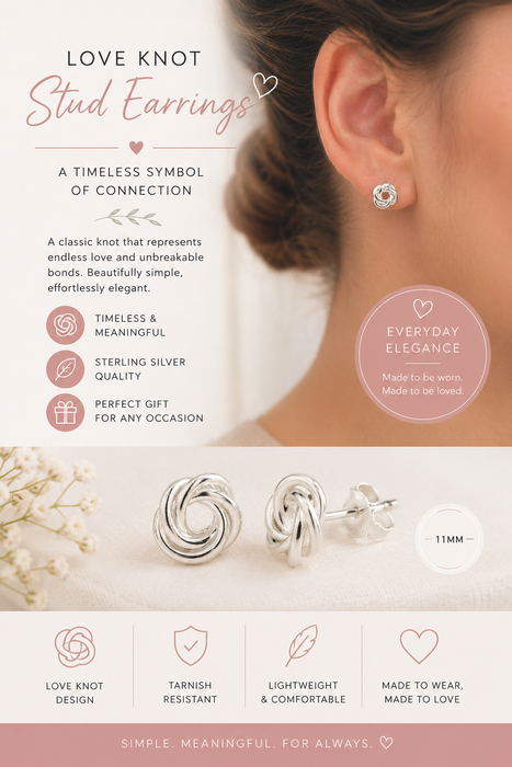Love Knot Stud Earrings – Sterling Silver, 11mm