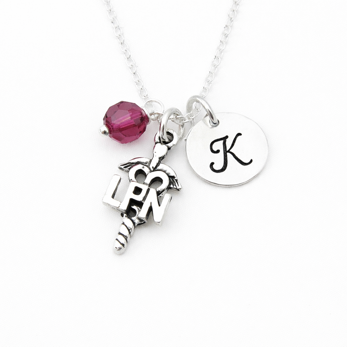 LPN Nurse Necklace – Sterling Silver with Birthstone & Initial Charm