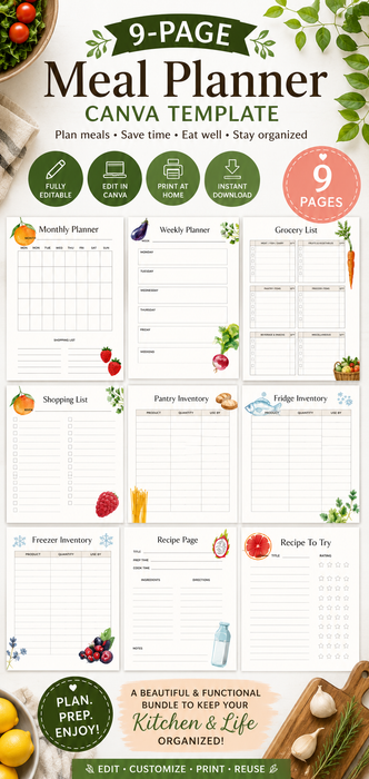 Meal Planner Printable Bundle | 9 Editable Canva Templates