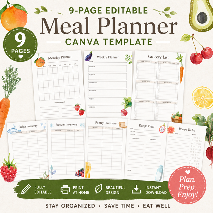 Meal Planner Printable Bundle | 9 Editable Canva Templates