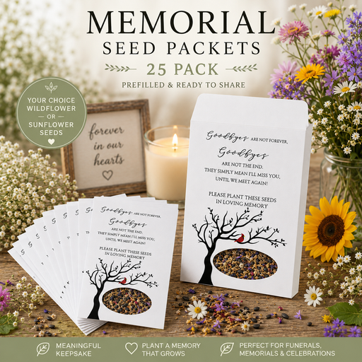 Memorial seed packets with sunflowers and wildflowers on a wooden surface.