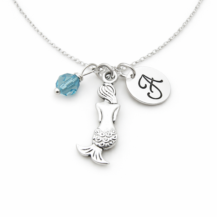 Mermaid Necklace – Sterling Silver with Birthstone & Initial Charm