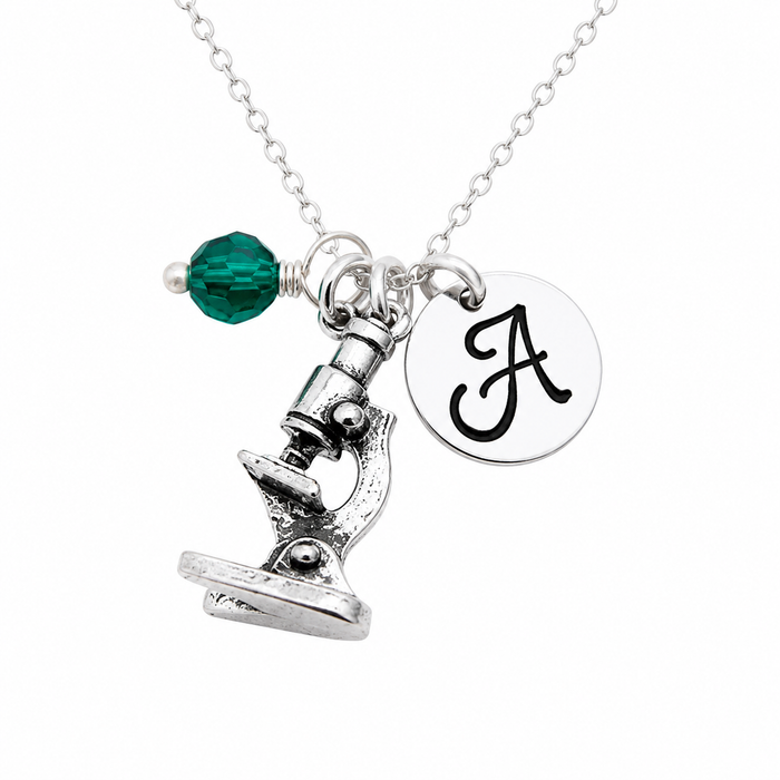 Personalized Microscope Necklace – Sterling Silver Chain with Birthstone & Initial