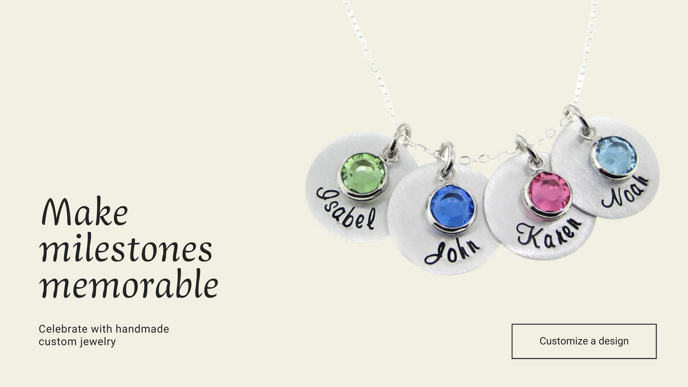 Custom handmade jewelry banner with a sterling silver name necklace with 4 names and their corresponding birthstones. 