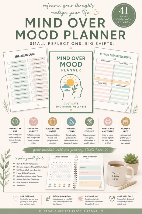 Mind Over Mood Planner – 41-Page CBT-Based Mental Wellness Workbook (Printable PDF)
