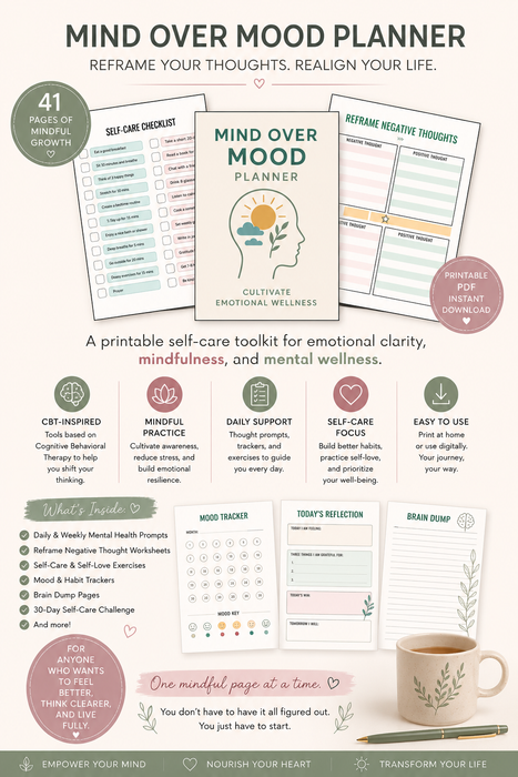Mind Over Mood Planner – 41-Page CBT-Based Mental Wellness Workbook (Printable PDF)