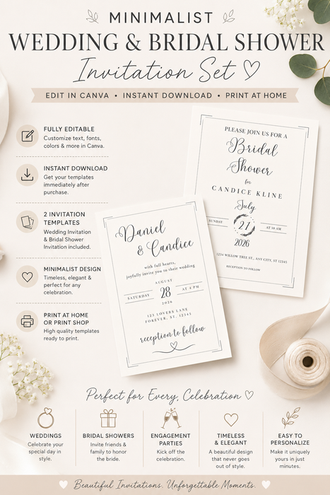 Minimalist Wedding & Bridal Shower Invitation Set – Canva Templates – Instant Download