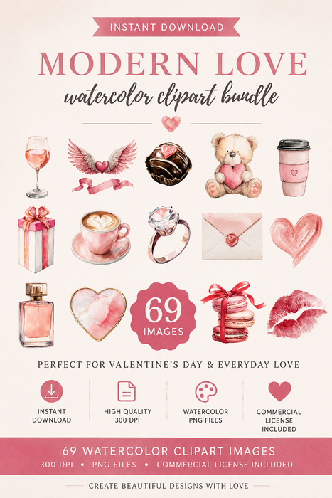 Modern Love Valentine’s Clip Art Bundle – 69 Watercolor PNGs