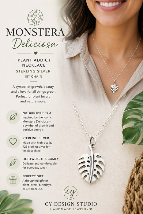 Monstera Delicioso Plant Addict Sterling Silver Necklace - Gift for Her