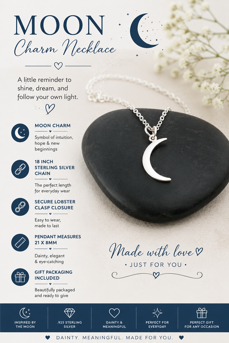 Moon Crescent Charm Necklace - Sterling Silver Jewelry