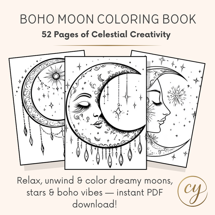 Boho Moon Coloring Book – 52 Page Instant Download