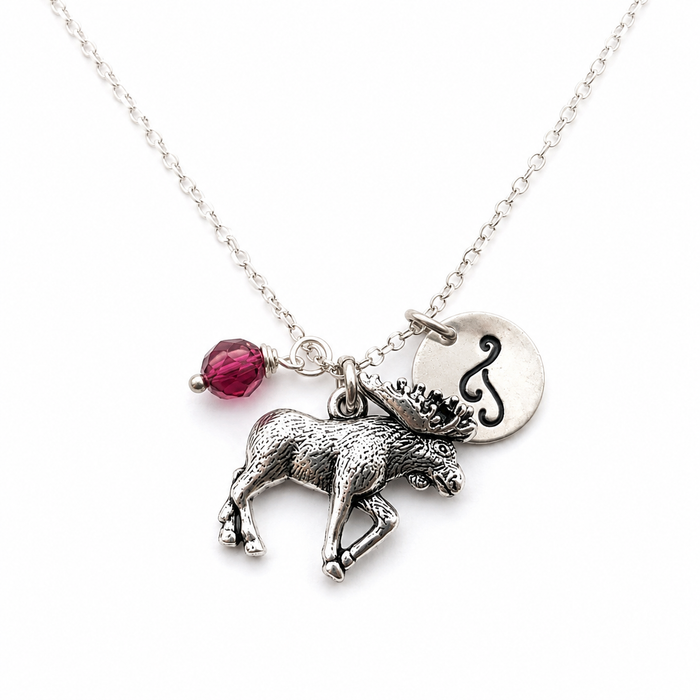 Personalized Moose Necklace – Moose Charm with Sterling Silver Chain, Birthstone & Initial