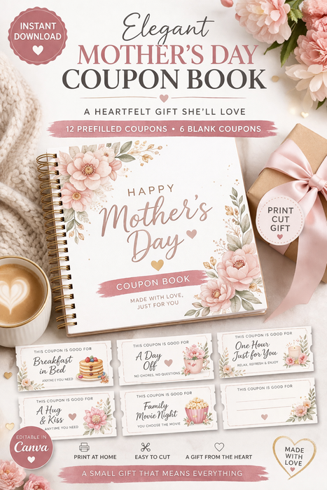 Elegant Mother’s Day Coupon Book Printable | 12 Prefilled + 6 Blank Coupons