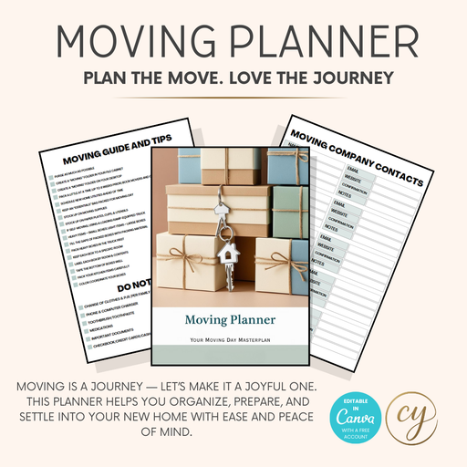 Editable 35-page Moving Planner Canva template with checklists and packing lists