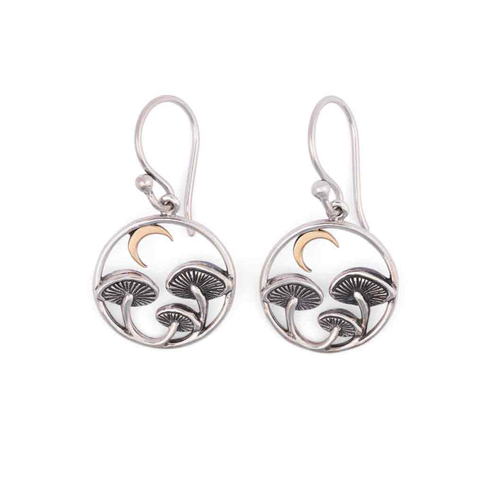 Silver Mushroom & Bronze Moon Dangle Earrings – Woodland Celestial Jewelry