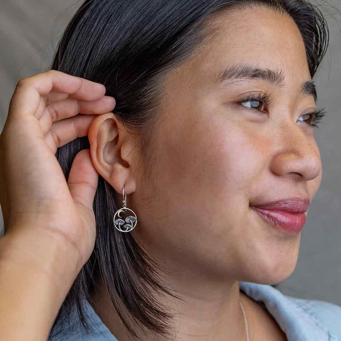 Silver Mushroom & Bronze Moon Dangle Earrings – Woodland Celestial Jewelry