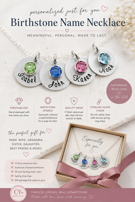 Mother's Birthstone and Name Disc Necklace