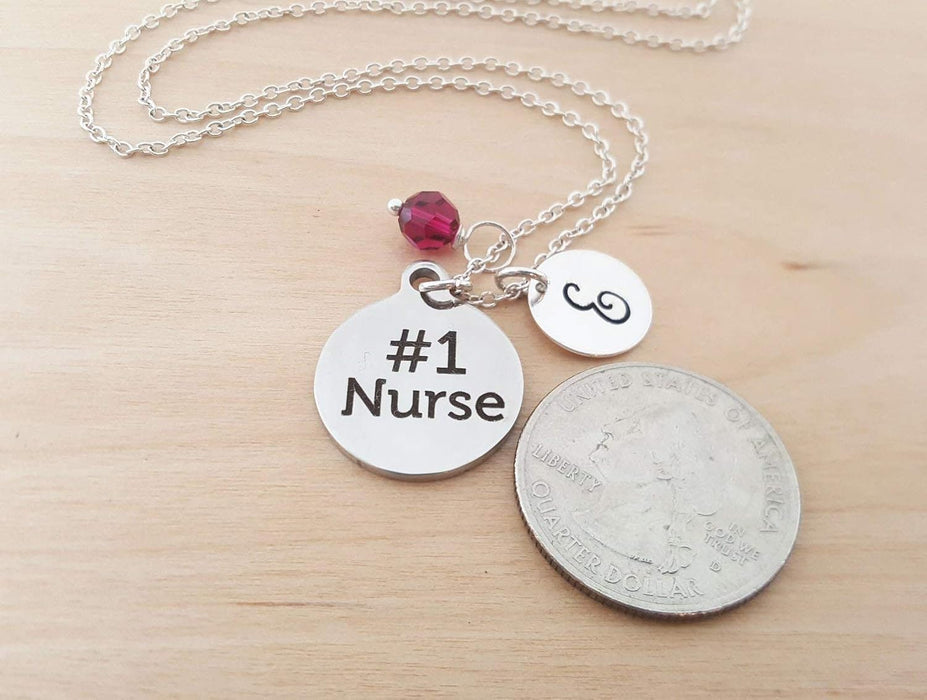 Personalized Sterling Silver Nurse Necklace – #1 Nurse Charm with Initial & Birthstone | Thoughtful Gift for Healthcare Heroes