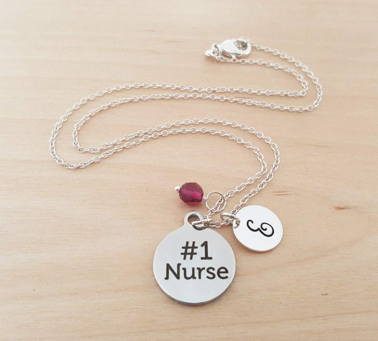 Personalized Sterling Silver Nurse Necklace – #1 Nurse Charm with Initial & Birthstone | Thoughtful Gift for Healthcare Heroes