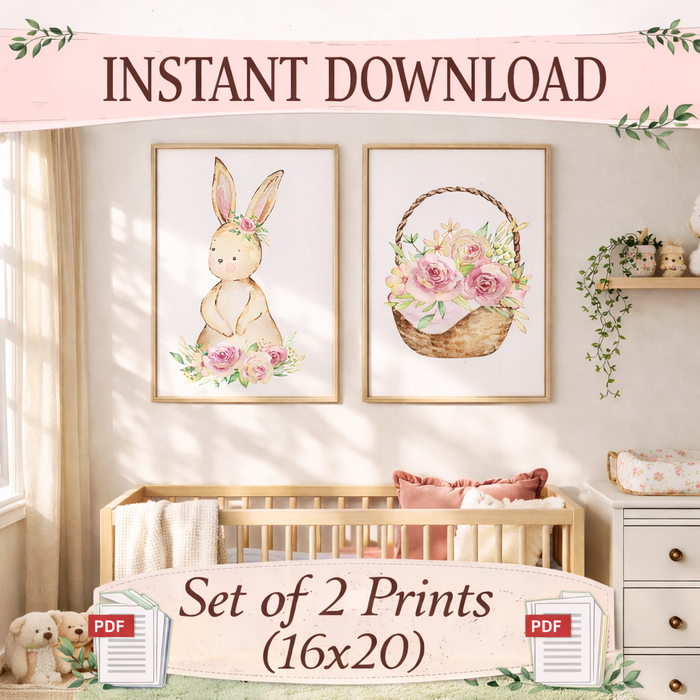 Set of 2 Bunny Nursery Wall Art Prints – 16x20 Floral Bunny & Basket – Instant Download PDF – Baby Girl Room Decor