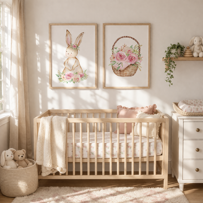 Set of 2 Bunny Nursery Wall Art Prints – 16x20 Floral Bunny & Basket – Instant Download PDF – Baby Girl Room Decor