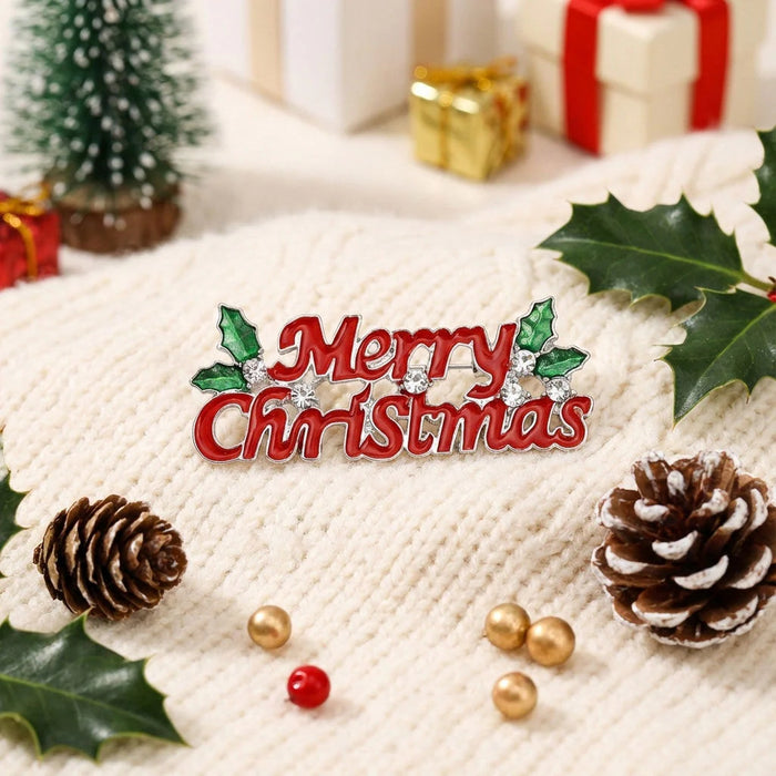 Merry Christmas Enamel Brooch Pin with Crystals & Holly – Festive Holiday Accessory