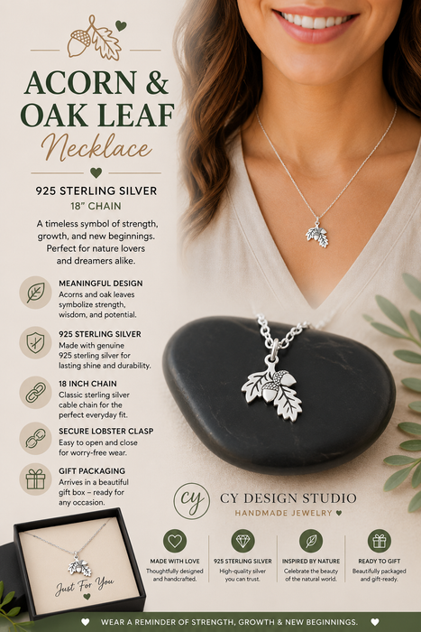 Acorn Oak Leaf 925 Sterling Silver Necklace