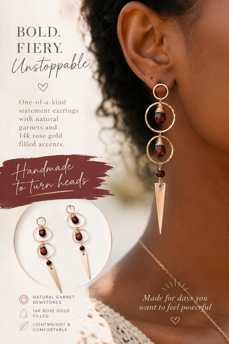 Garnet and 14k Rose Gold Filled Spike Earrings – Wire Wrapped Statement Earrings