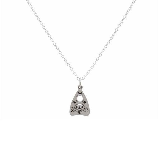 close up view of a ouija planchette sterling silver charm hanging from a delicate silver chain