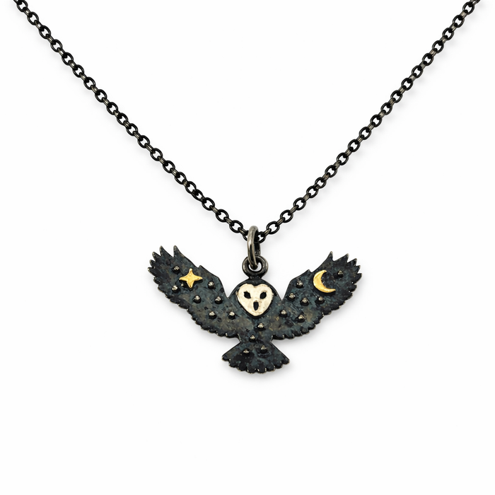 Oxidized Sterling Silver Owl Necklace – Handmade Woodland Owl Pendant – 18” Sterling Chain – Handmade in Raleigh NC