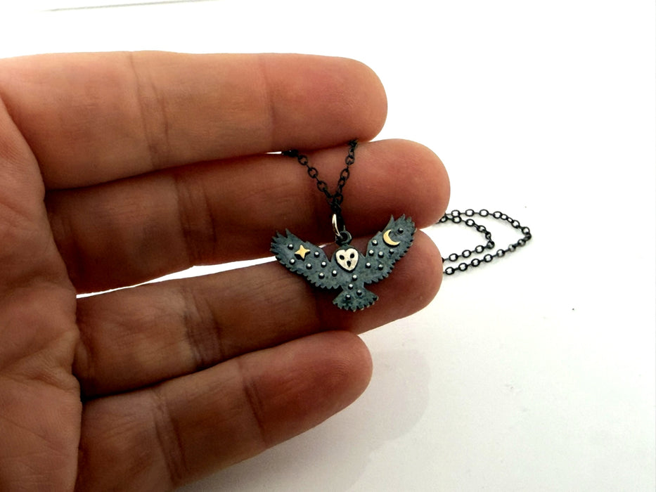 Oxidized Sterling Silver Owl Necklace – Handmade Woodland Owl Pendant – 18” Sterling Chain – Handmade in Raleigh NC