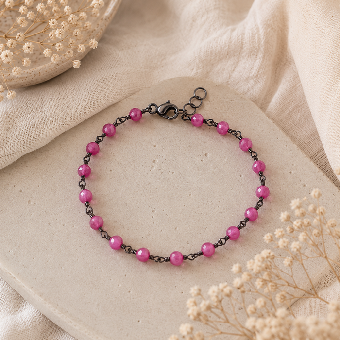 Oxidized Sterling Silver Hot Pink Agate Bracelet