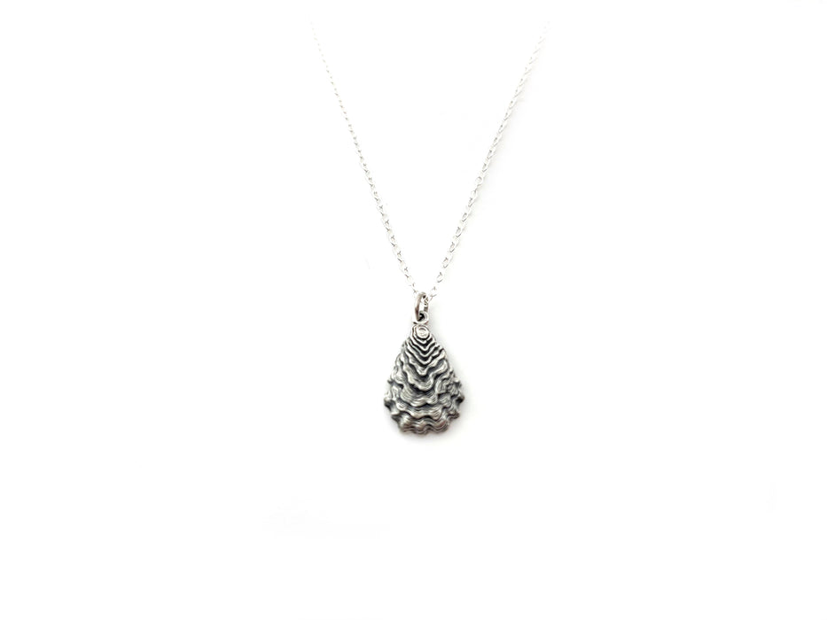 sterling silver oyster shell pendant hanging from a silver chain on a solid white background