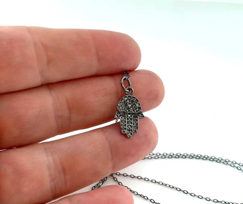 Pave Diamond Hamsa Hand Oxidized Sterling Silver Necklace