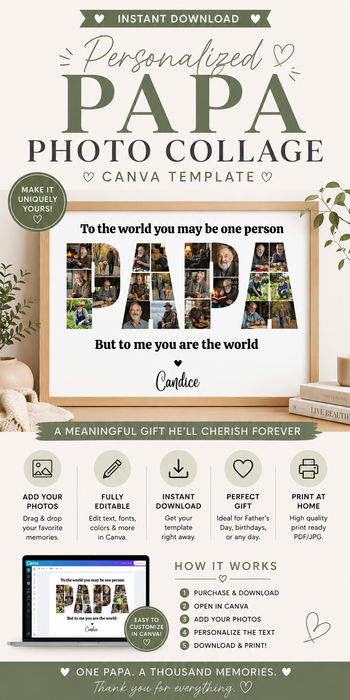 Personalized "PAPA" Photo Collage Printable – Canva Template – Drag & Drop, Instant Download