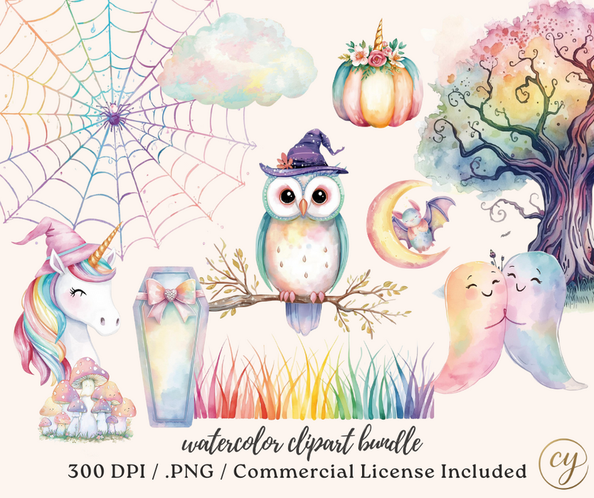 Rainbow Halloween Clipart Bundle – 84 Pastel Watercolor PNG Images – Cute Kawaii Spooky Scene Builder – Commercial Use