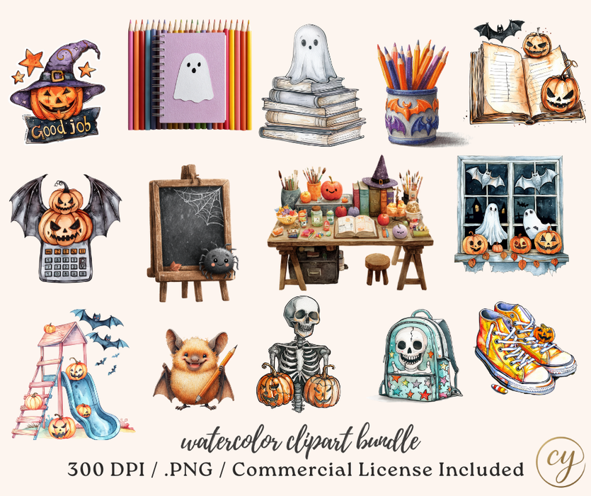 Spooky Classroom Watercolor Clipart Bundle | 105 PNG Images | Halloween School Decor, Teacher Printables