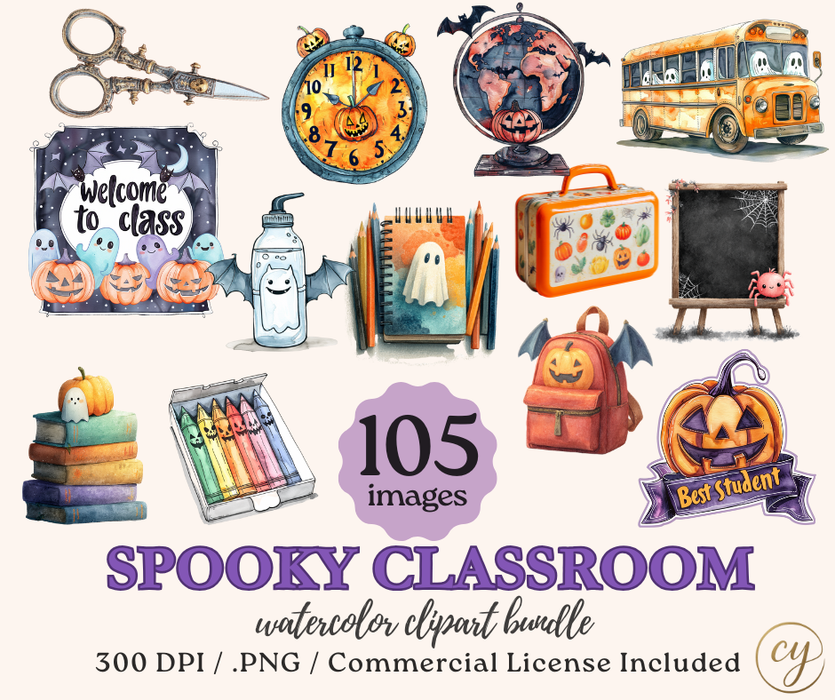 Spooky Classroom Watercolor Clipart Bundle | 105 PNG Images | Halloween School Decor, Teacher Printables