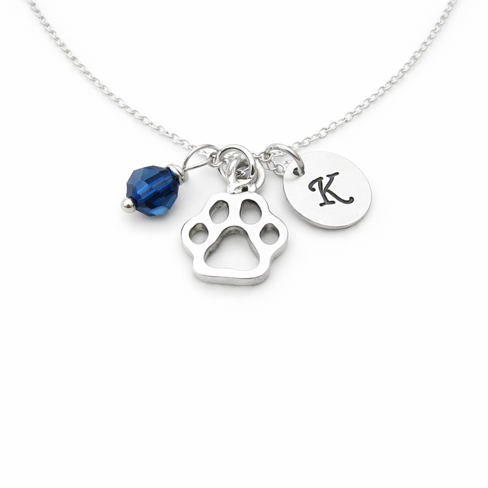Paw Print Necklace – Sterling Silver with Birthstone & Initial Charm