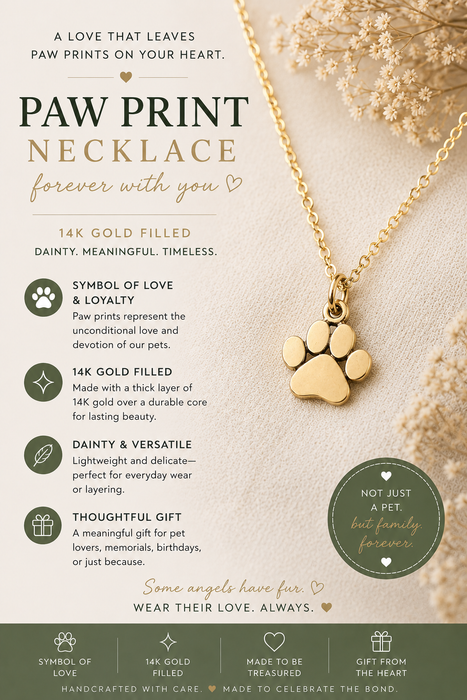 Paw Print Gold Charm Necklace - Dainty 14k Gold Filled Jewelry