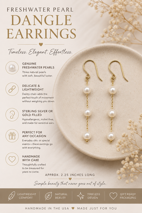 Freshwater Pearl Trio Drop Earrings – Sterling Silver or Gold Filled