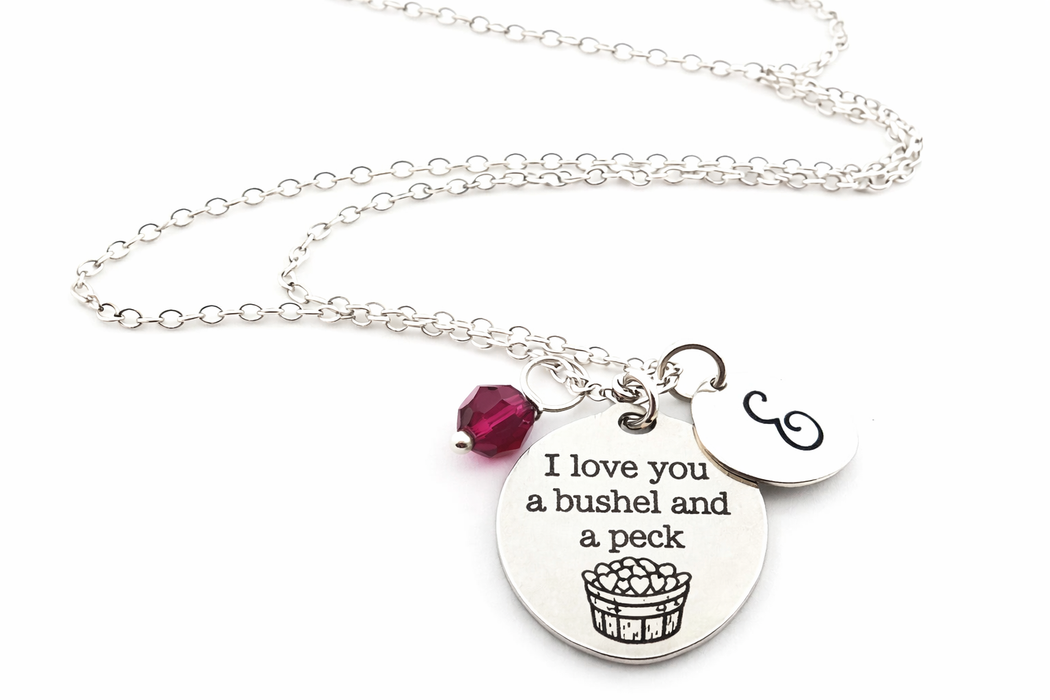 I Love You a Bushel & a Peck Necklace – Personalized Initial & Birthstone Charm – Sterling Silver Gift for Her