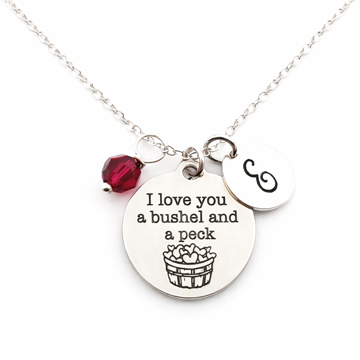 I Love You a Bushel & a Peck Necklace – Personalized Initial & Birthstone Charm – Sterling Silver Gift for Her