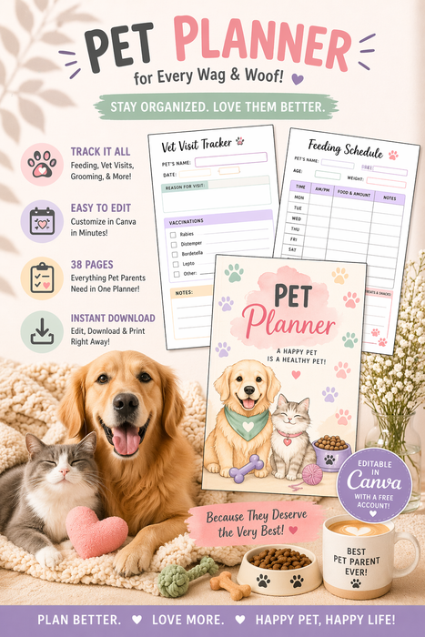 Pet Planner Printable - 38 Page Editable Canva Template