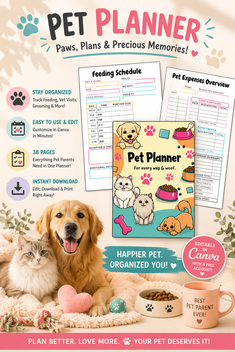 Pet Planner Printable - 38 Page Editable Canva Template