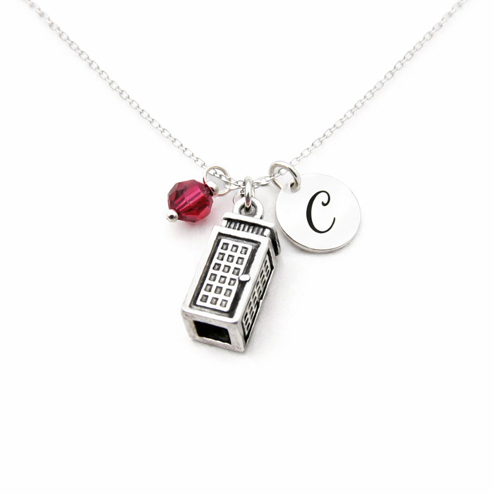 Police Box - Phone Booth Necklace – Sterling Silver with Birthstone & Initial Charm