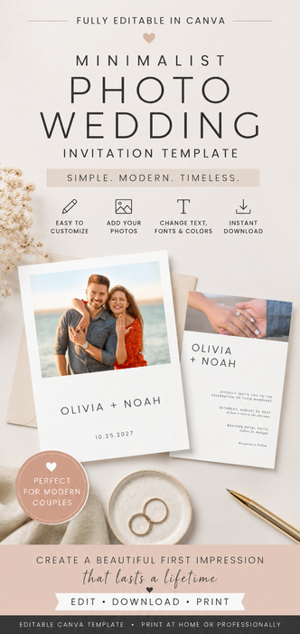 Minimalist Photo Wedding Invitation Template | Editable Canva Invitation
